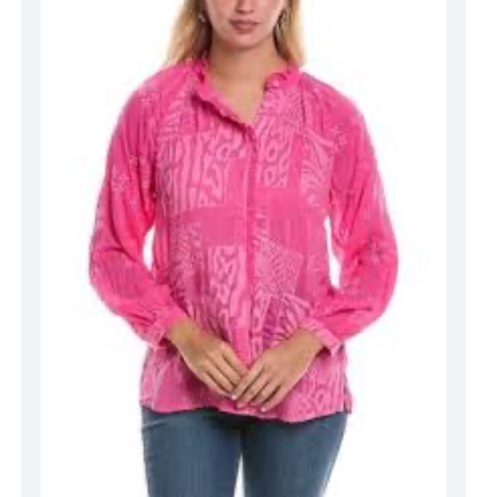 Johnny Was Molli Jaga Pink Cupra Rayon Embroidered Button Down Blouse XS